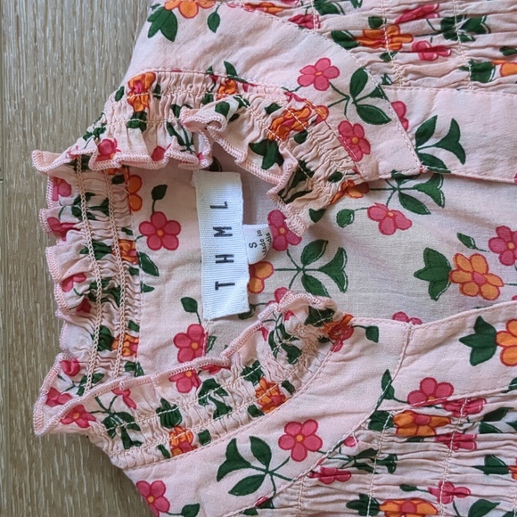 THML Pink Floral Block Print Cotton Smocked Blouse Small - Picture 3 of 8